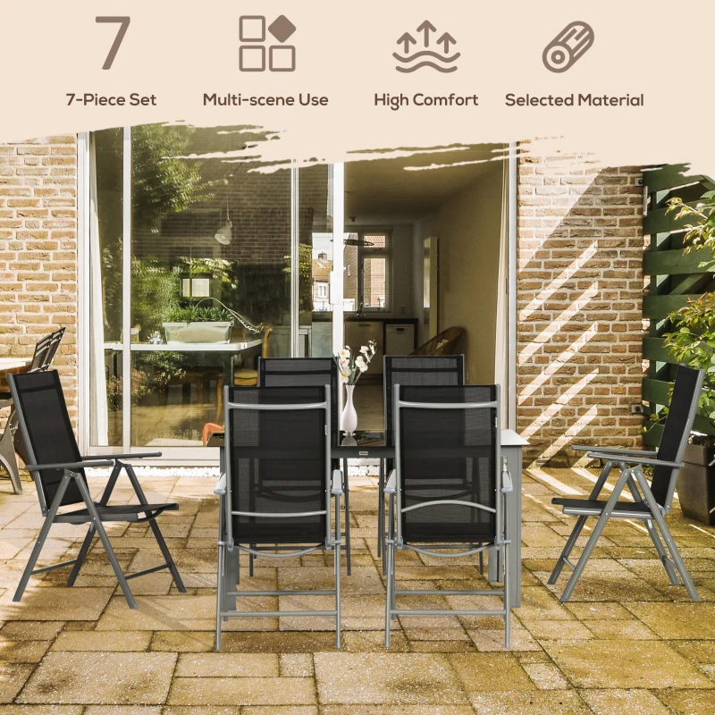 Best 7 Piece Garden Dining Set, Outdoor Table and 6 Folding and Reclining Chairs, Aluminium Frame, Tempered Glass Top Table, Texteline Seats, Black - Image 4