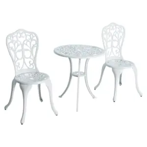Best 3 Pieces Antique Garden Bistro Set for 2, Cast Aluminium Garden Furniture Set with Umbrella Hole, White