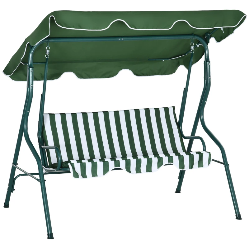 Best 3 Seater Garden Swing Seat Chair Outdoor Bench with Adjustable Canopy and Metal Frame, Green Stripes