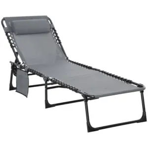 Best Portable Sun Lounger, Folding Camping Bed Cot, Reclining Lounge Chair 5-position Adjustable Backrest with Side Pocket, Pillow for Patio Garden Beach Pool, Grey