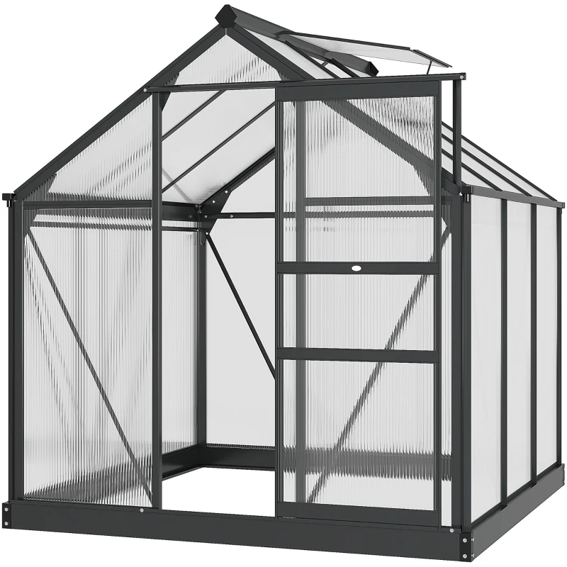 Best 6 x 6ft Polycarbonate Greenhouse, Large Walk-In Green House with Slide Door and Window, Garden Plants Grow House with Aluminium Frame and Foundation, Grey