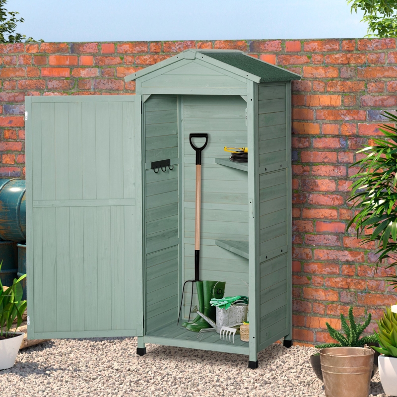 Best Wooden Garden Shed, Outdoor Storage Cabinet with 2 Shelves and Hooks, Locking Organiser Outdoor Narrow Tool House, 74x55x155cm, Green - Image 10