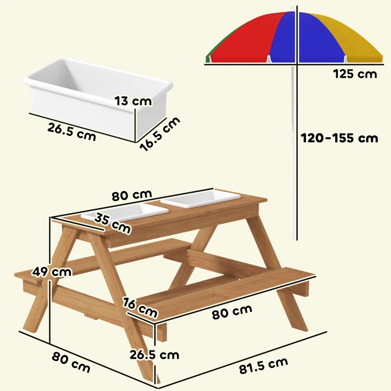AIYAPLAY Kids Picnic Table, Sand and Water Table with Wooden Benches, Adjustable Parasol and Storage Bins, Multicolour - Image 3