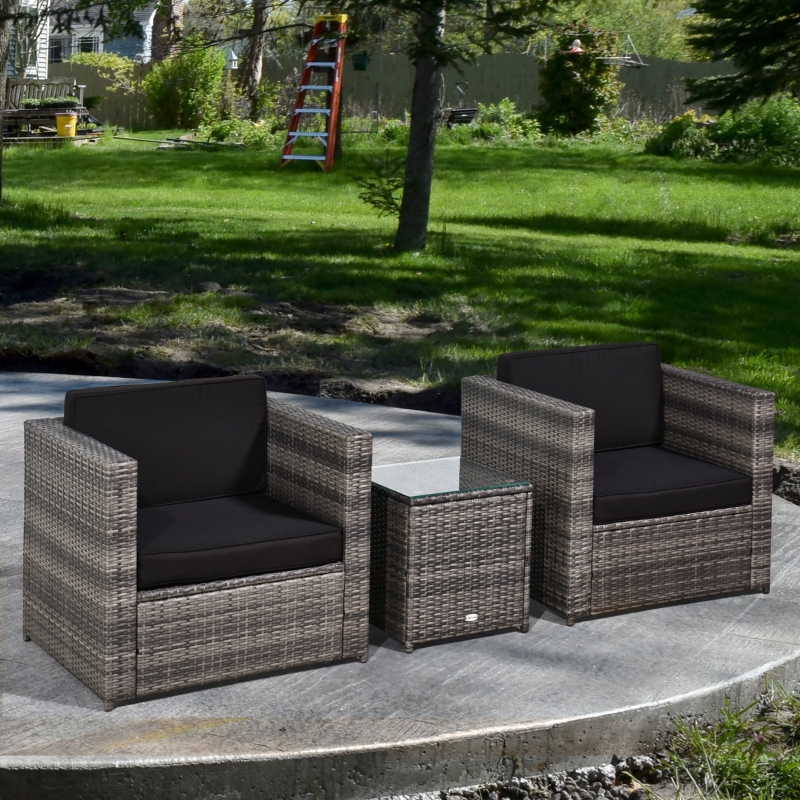 Best 3 Pieces Rattan Bistro Set, Wicker Garden Furniture Set with Glass Top Coffee Table and Chairs, Thickened Washable Cushions for Outdoor, Patio, Balcony, Grey - Image 10