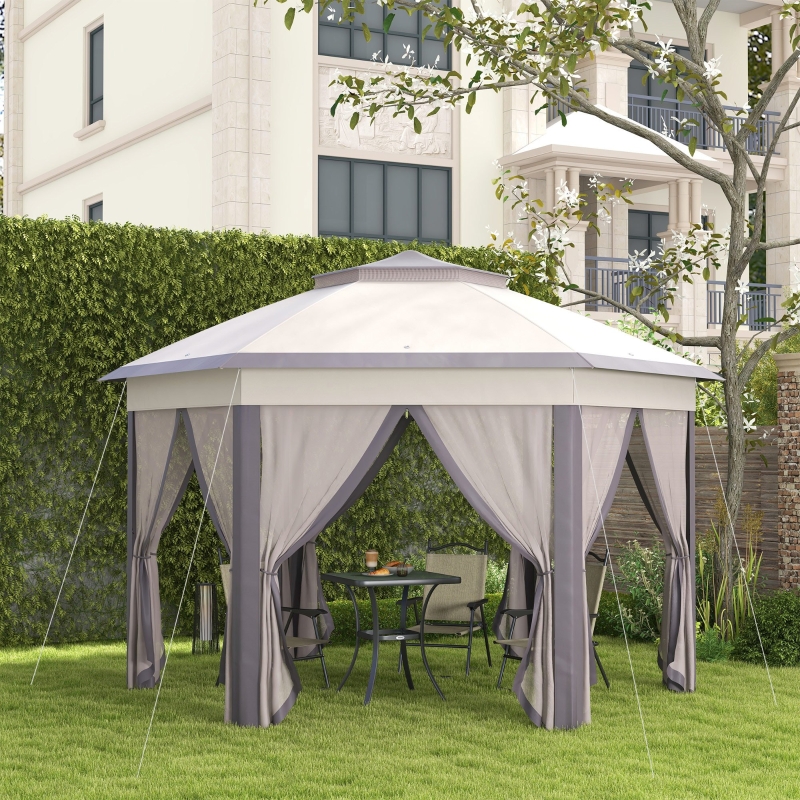 Best 3 x 4m Garden Gazebo Hexagon Pop Up Gazebo Party Tent Canopy Double Roof Instant Shelter with Netting and Carry Bag for Outdoor Patio, Beige - Image 10
