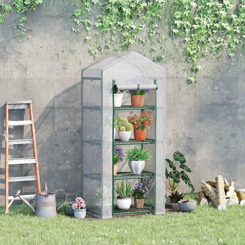 Best 4 Tier Mini Greenhouse, Portable Compact Green House with Steel Frame, PE Cover, Roll-up Door, 70 x 50 x 160 cm, White - Image 2