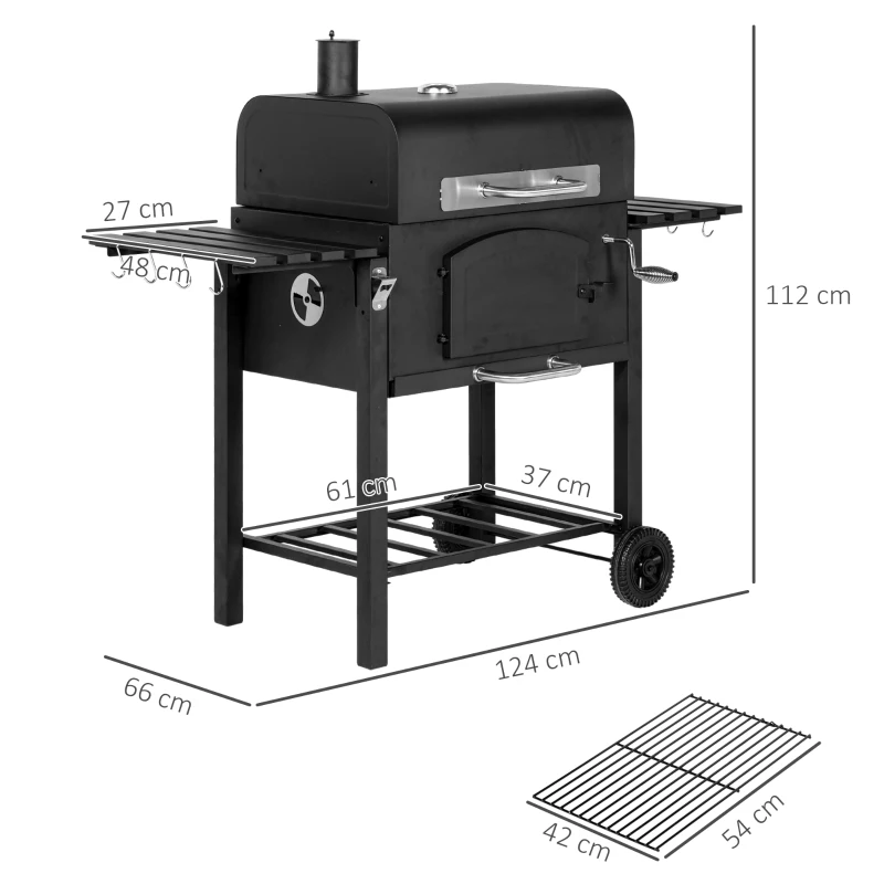 Best Charcoal Barbecue Grill Trolley Garden Smoker with Shelves, Adjustable Height, Thermometer on Lid, Opener and Wheels - Image 3