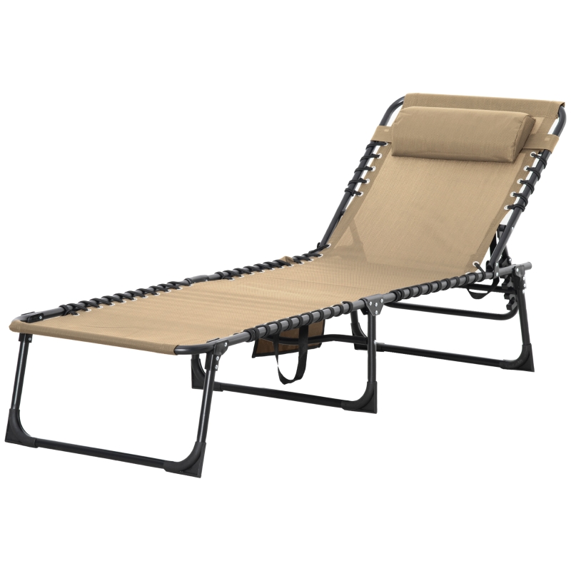 Best Portable Sun Lounger, Folding Camping Bed Cot, Reclining Lounge Chair 5-position Adjustable Backrest with Side Pocket, Pillow for Patio Garden Beach Pool, Beige - Image 11