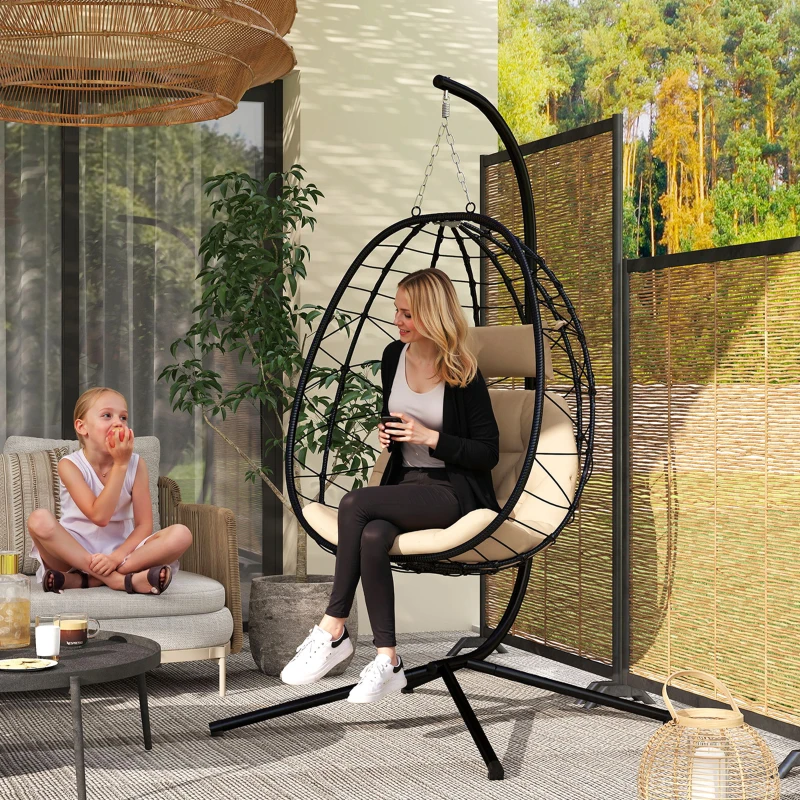 Best Hanging Egg Chair Outdoor Indoor Garden Swing Chair with Folding Basket, Thickened Cushion, Garden Hanging Chair with Stand, Headrest for Patio, Balcony, Khaki - Image 2