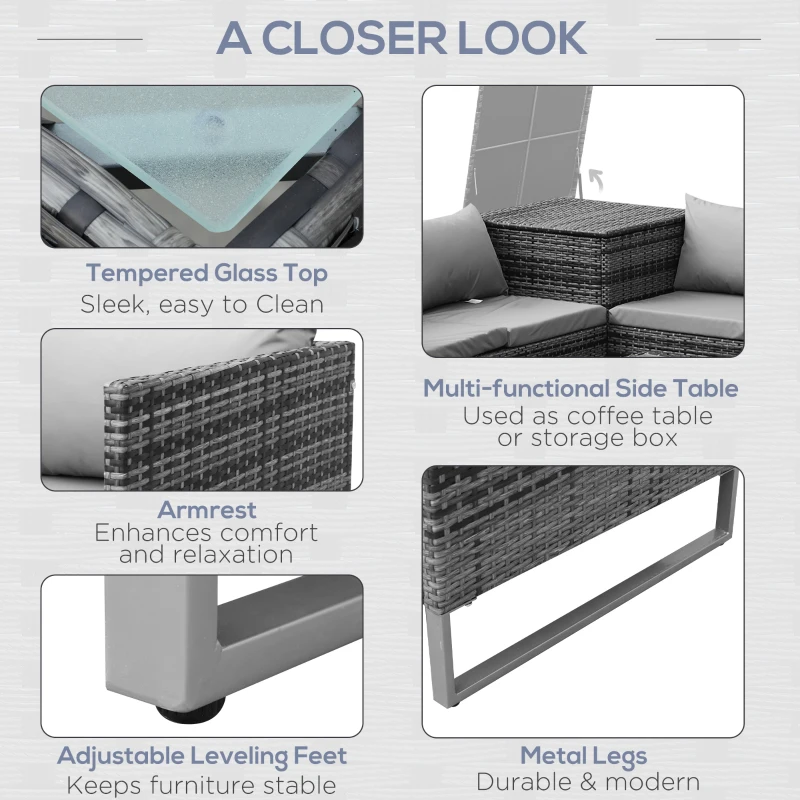 Best 4pc Garden Rattan Wicker Outdoor Furniture Patio Corner Sofa Love Seat and Table Set with Cushions Side Desk Storage, Mixed Grey - Image 6