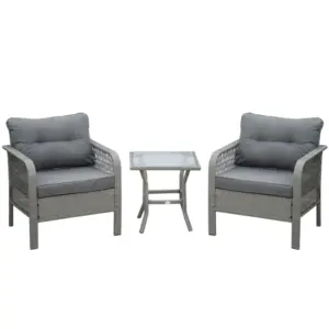 Best 3 Pieces Rattan Bistro Set with Glass Top Coffee Table, Chairs and Cushions for Outdoor, Patio, Balcony, Grey