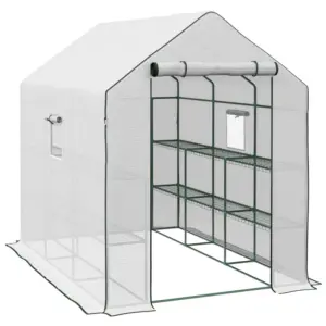 Best Walk-in Greenhouse with 3 Tier 12 Shelves, Small Greenhouse with Reinforced PE Cover, Garden Plant Growhouse with Roll-up Door and Three Mesh Windows, 140 x 213 x 190 cm, White
