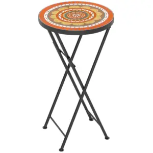 Best Mosaic Outdoor Garden Table, 35.5cm Round Folding Coffee Table with Metal Frame for Balcony Terrace, Orange