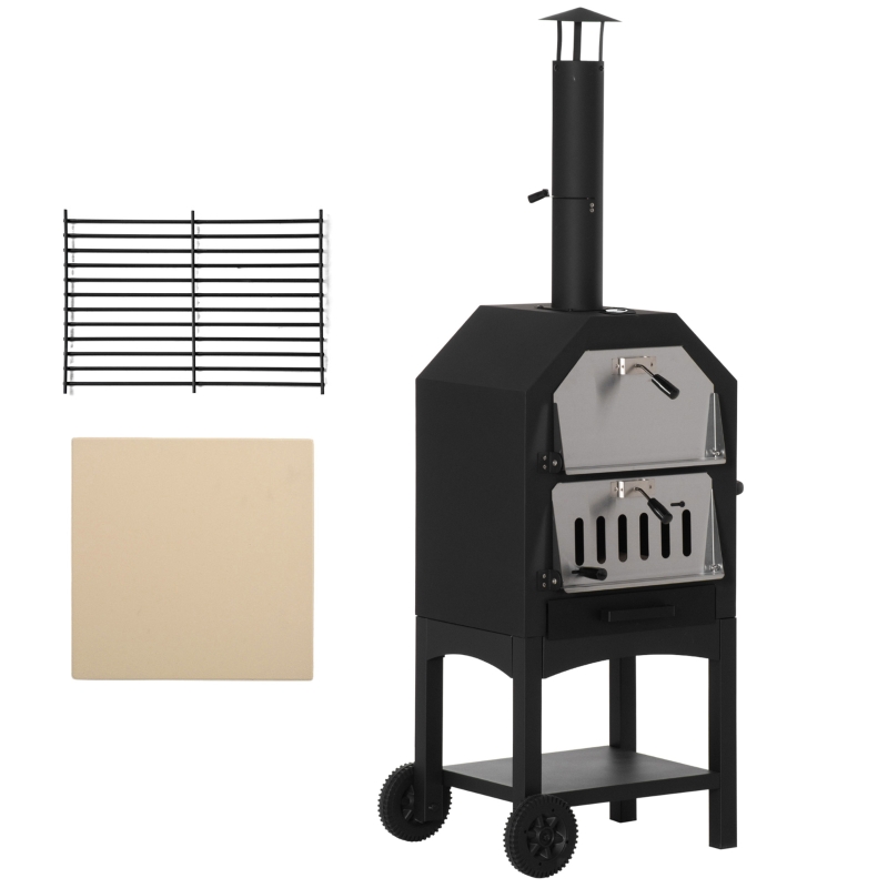 Best Outdoor Garden Pizza Oven Charcoal BBQ Grill 3-Tier Freestanding w/ Chimney, Mesh Shelf, Thermometer Handles, Wheels Garden Party Gathering Stainless Steel Cooker - Image 11