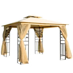 Best 3(m) x 3(m) Garden Gazebo, Double Roof Outdoor Gazebo Canopy Shelter with Netting, Solid Steel Frame, for Garden, Lawn and Deck, Beige