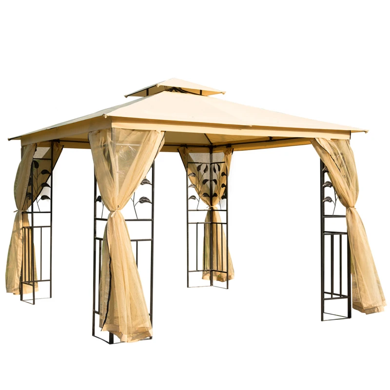 Best 3(m) x 3(m) Garden Gazebo, Double Roof Outdoor Gazebo Canopy Shelter with Netting, Solid Steel Frame, for Garden, Lawn and Deck, Beige