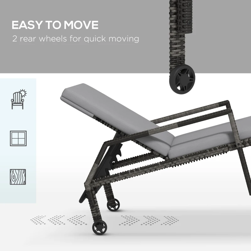 Best Outdoor PE Rattan Sun Lounger Set of 2, Wicker Chaise Recliner Garden Chair with 5-Level Adjustable Backrest and 2 Wheels, Grey - Image 5