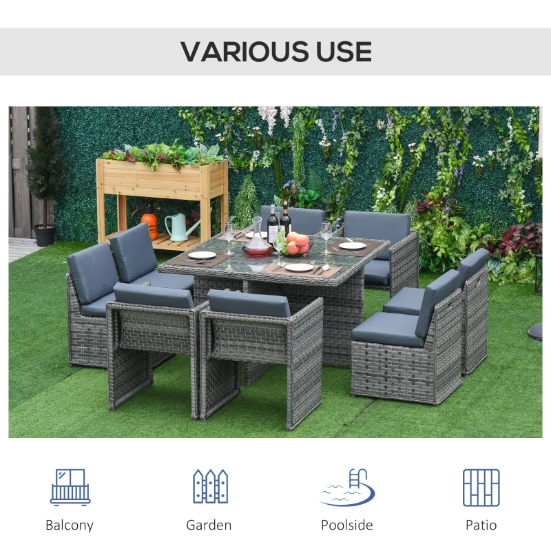 Best 8 Seater Rattan Cube Garden Furniture Set with Parasol Hole, Rattan Dining Set with Cushions, Outdoor Dining Table and Chairs with Square Glass Top Table for Patio, Balcony, Mixed Grey - Image 7