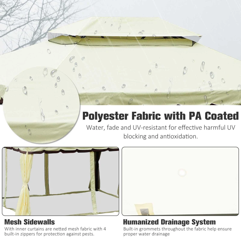 Best 4 x 3 m Aluminum Garden Gazebo, Double Roof Outdoor Gazebo Canopy Shelter with Netting & Curtains for Garden, Lawn, Backyard and Deck, Cream - Image 5