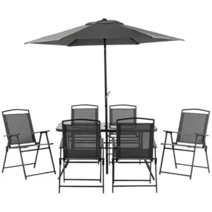 Best Eight-Piece Garden Dining Set, with Chairs, Table and Parasol - Black