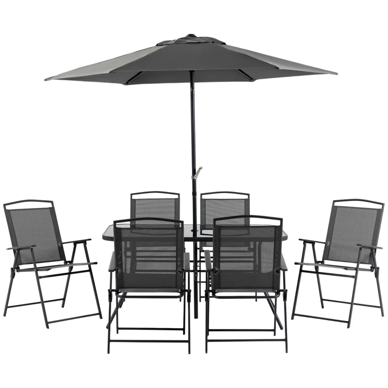 Best Eight-Piece Garden Dining Set, with Chairs, Table and Parasol - Black