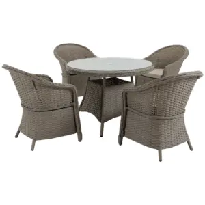 Best 4 Seater Rattan Garden Furniture Set with Cushions, Round PE Rattan Dining Set with Glass-Top Table, Umbrella Hole, Outdoor Garden Table and Chairs, Mixed Grey