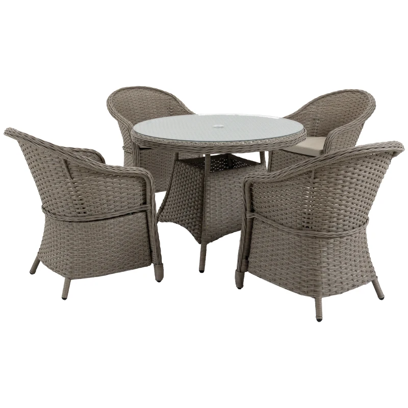 Best 4 Seater Rattan Garden Furniture Set with Cushions, Round PE Rattan Dining Set with Glass-Top Table, Umbrella Hole, Outdoor Garden Table and Chairs, Mixed Grey