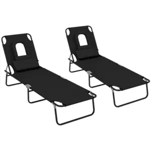 Best Outdoor Folding Sun Lounger Set of 2 with Face Hole, 4 Level Adjustable Backrest Reclining Garden Lounger, Garden Recliner Sunbed with 600 D Oxford Cloth Seat and Pillow for Beach, Black