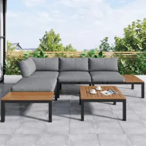 Space-Saving L-Shaped Corner Sofa with Wooden Table, Iron Frame, Outdoor Garden Lounge Set for 4 People, 145L x 60W x 80H cm, Grey