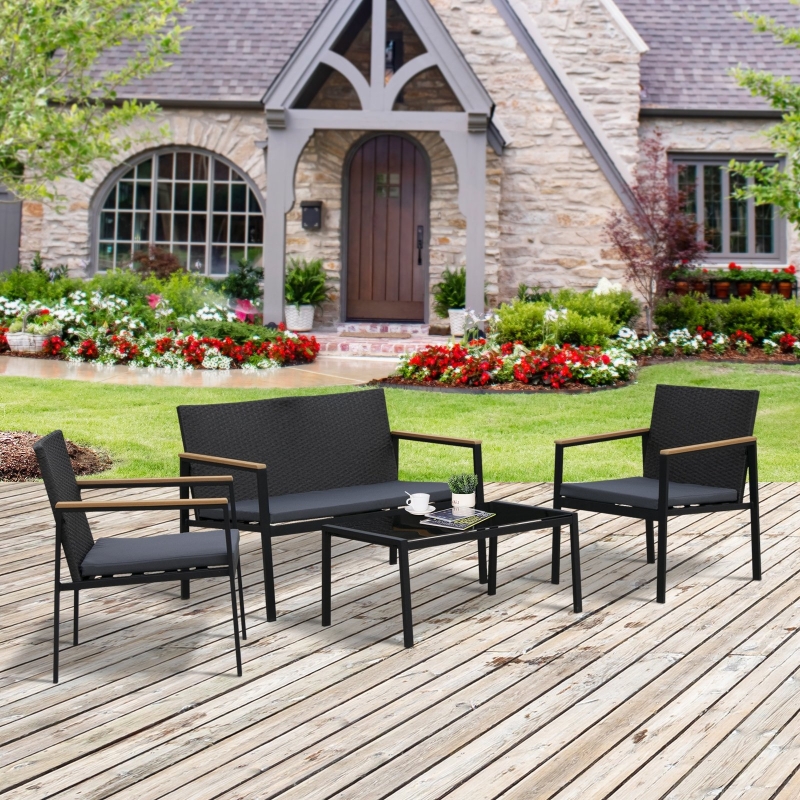 Best 4 Pieces Rattan Garden Furniture Set, 4 Seater Garden Sofa Set with Loveseat, 2 Armchairs and Glass Top Coffee Table, Wicker Outdoor Conservatory Furniture with Cushions for Patio, Black - Image 10