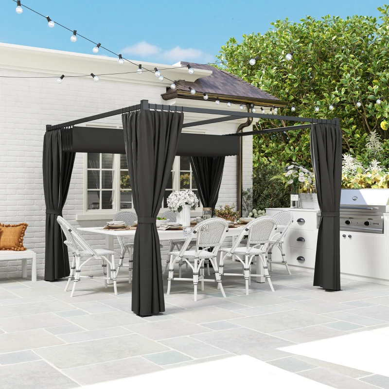 Best 3 x 3(m) Retractable Pergola, Garden Gazebo Shelter with Curtains, for Grill, Patio, Deck, Charcoal Grey - Image 8