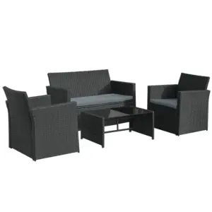 Best 4 Pieces PE Rattan Garden Sofa Set with Cushions, Outdoor Patio Wicker Weave Conservatory Furniture Set with a Loveseat, 2 Armchairs and a Glass Top Coffee Table, Black