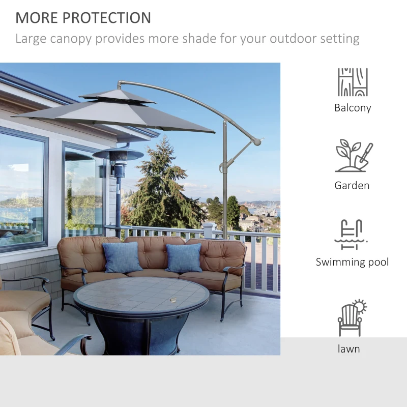 Best 2.7m Garden Banana Parasol Cantilever Umbrella with Crank Handle, Double Tier Canopy and Cross Base for Outdoor, Hanging Sun Shade, Dark Grey - Image 7