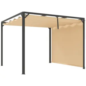 Best 3 x 3m Aluminium Pergola, with Retractable Roof and Wall - Khaki
