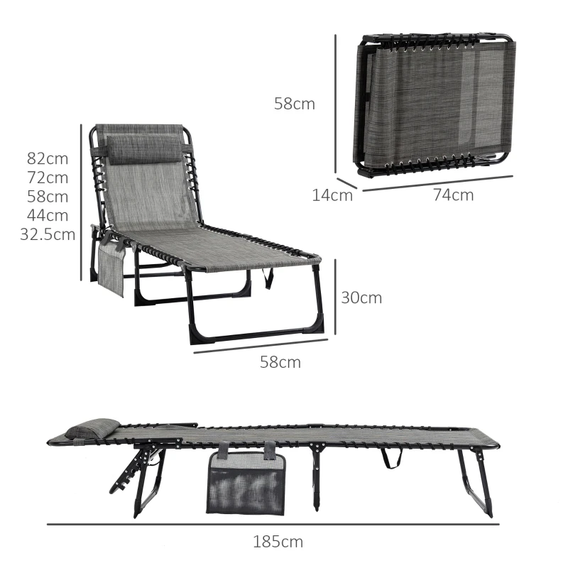 Best Portable Sun Lounger, Folding Camping Bed Cot, Reclining Lounge Chair 5-position Adjustable Backrest with Side Pocket, Pillow for Patio Garden Beach Pool, Mixed Grey - Image 3