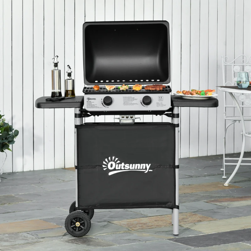 Best 2 Burner Gas BBQ Trolley with Lid, 5.6 kW Gas Barbecue Grill with Wheels, Side Shelves, Black - Image 2