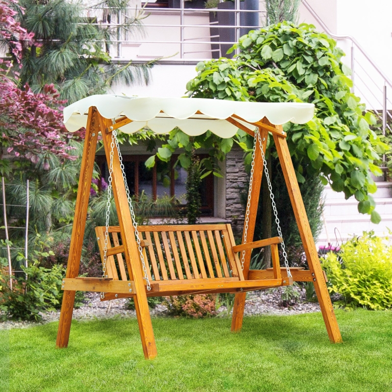Best 2 Seater Garden Swing Seat Wooden Swing Chair Outdoor Hammock Bench Furniture, Cream White - Image 10