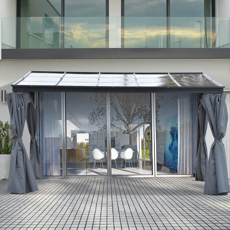 Best 4 x 3(m) Outdoor Hardtop Gazebo with Curtains, Lean to Aluminium Pergola with Polycarbonate Roof, Garden Pavilion Sun Shade Shelter, Grey - Image 12