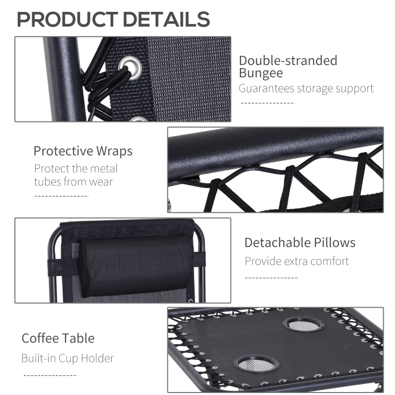 Best Folding Zero Gravity Chairs, 3 Pieces Adjustable Sun Lounger and Table Set with Cup Holder and Headrest, Patio Bistro Set with Reclining Garden Chairs for Outdoor, Black - Image 6