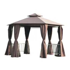 Best 3 x 3(m) Hexagon Gazebo Patio Canopy Party Tent Outdoor Garden Shelter w/ 2 Tier Roof & Side Panel - Brown