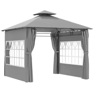 Best 3 x 3 m Garden Gazebo, Double Roof Metal Gazebo with Removable Sidewalls and Church Windows, Outdoor Canopy Shelter, Light Grey
