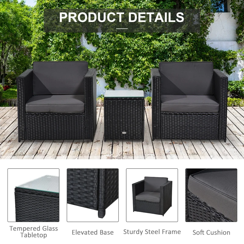 Best 3 Pieces Rattan Bistro Set, Wicker Garden Furniture Set with Glass Top Coffee Table and Chairs, Thickened Washable Cushions for Outdoor, Patio, Balcony, Black - Image 6