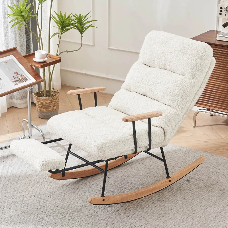 Fabric Tufted Boucle Armchair with Metal Legs, Wooden Base, High Back Rocking Chair for Living Room, Bedroom, 63.5x102x100 cm, White - Image 8