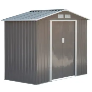 Best 7ft x 4ft Lockable Garden Metal Storage Shed Storage Roofed Tool Metal Shed w/ Air Vents Steel Grey