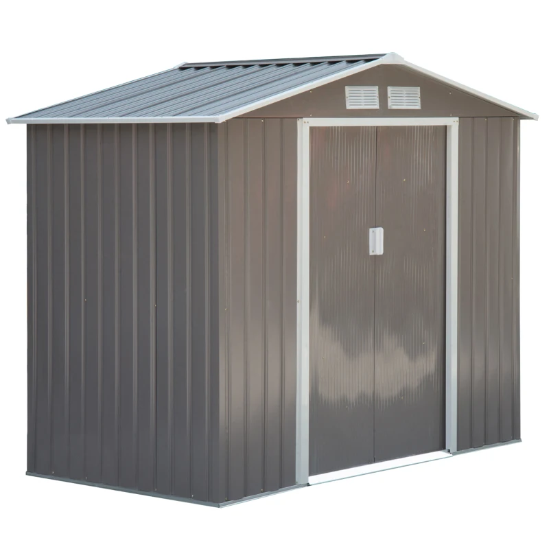 Best 7ft x 4ft Lockable Garden Metal Storage Shed Storage Roofed Tool Metal Shed w/ Air Vents Steel Grey
