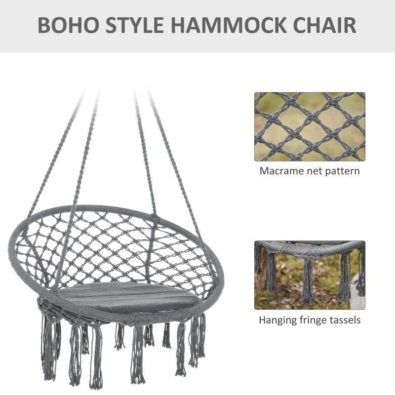 Best Outdoor Cotton-Polyester Blend Macrame Hanging Rope Chair with Cushion, Portable Garden Chair with Fringe Tassels for Patio, Deck, Tree, Grey - Image 4