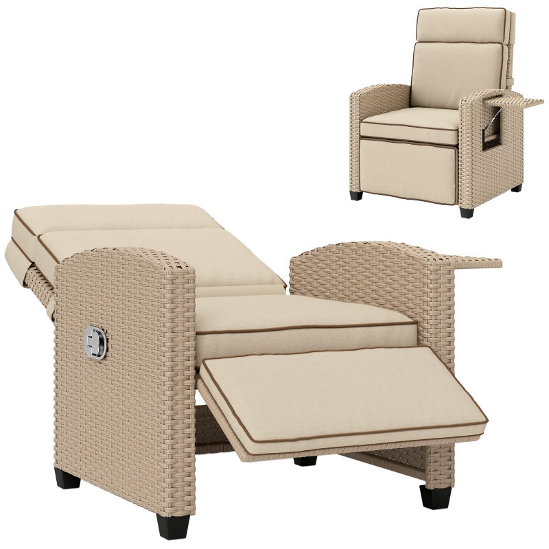 Best 145° Reclining Rattan Armchair, with Footrest - Khaki/Beige - Image 10