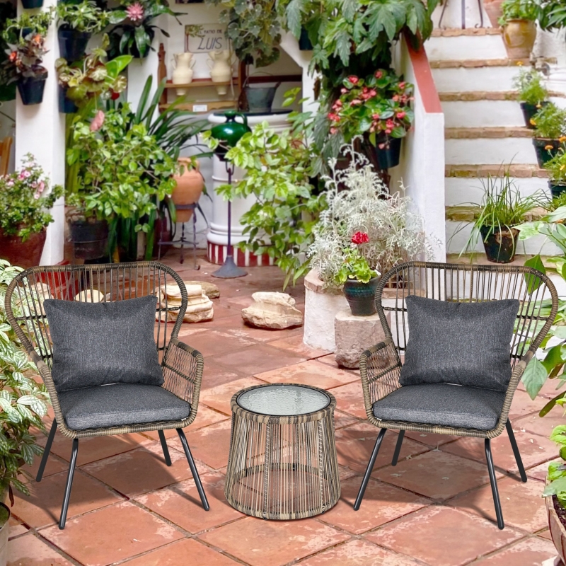 Best 3 Pieces Rattan Bistro Set, Wicker Garden Furniture Set with Cushions, Glass Top Coffee Table and Chairs for Outdoor, Patio, Balcony, Grey - Image 10