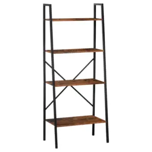 Best Bookcase 4-Tier Vintage Ladder Shelf with Wood Storage Rack, Stand Plants Display, Black and Brown