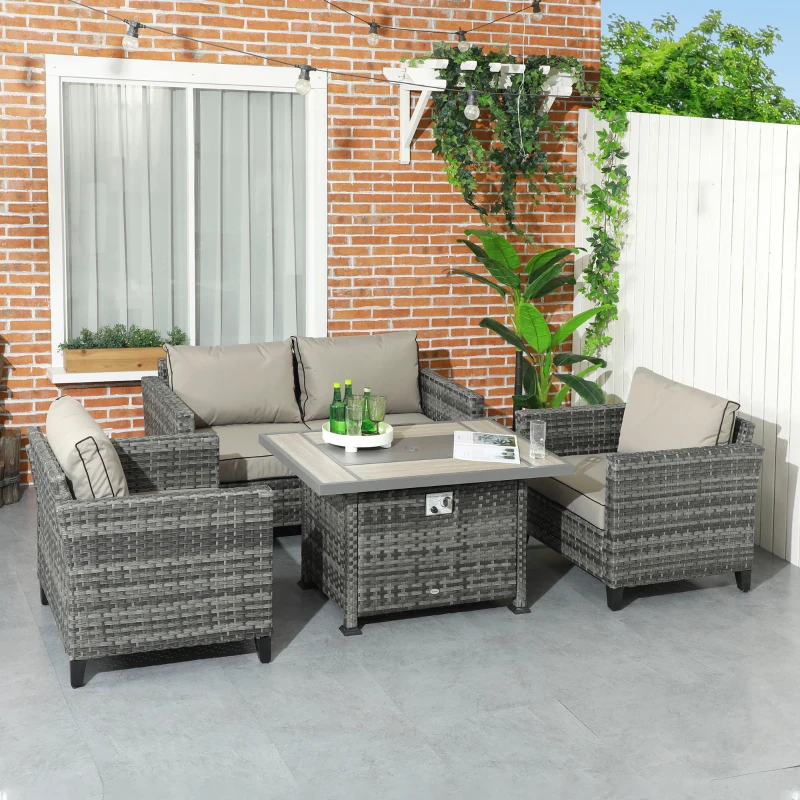 Best 5-Piece Rattan Patio Furniture Set with Gas Fire Pit Table, Loveseat Sofa, Armchairs, Cushions, Pillows, Grey - Image 2